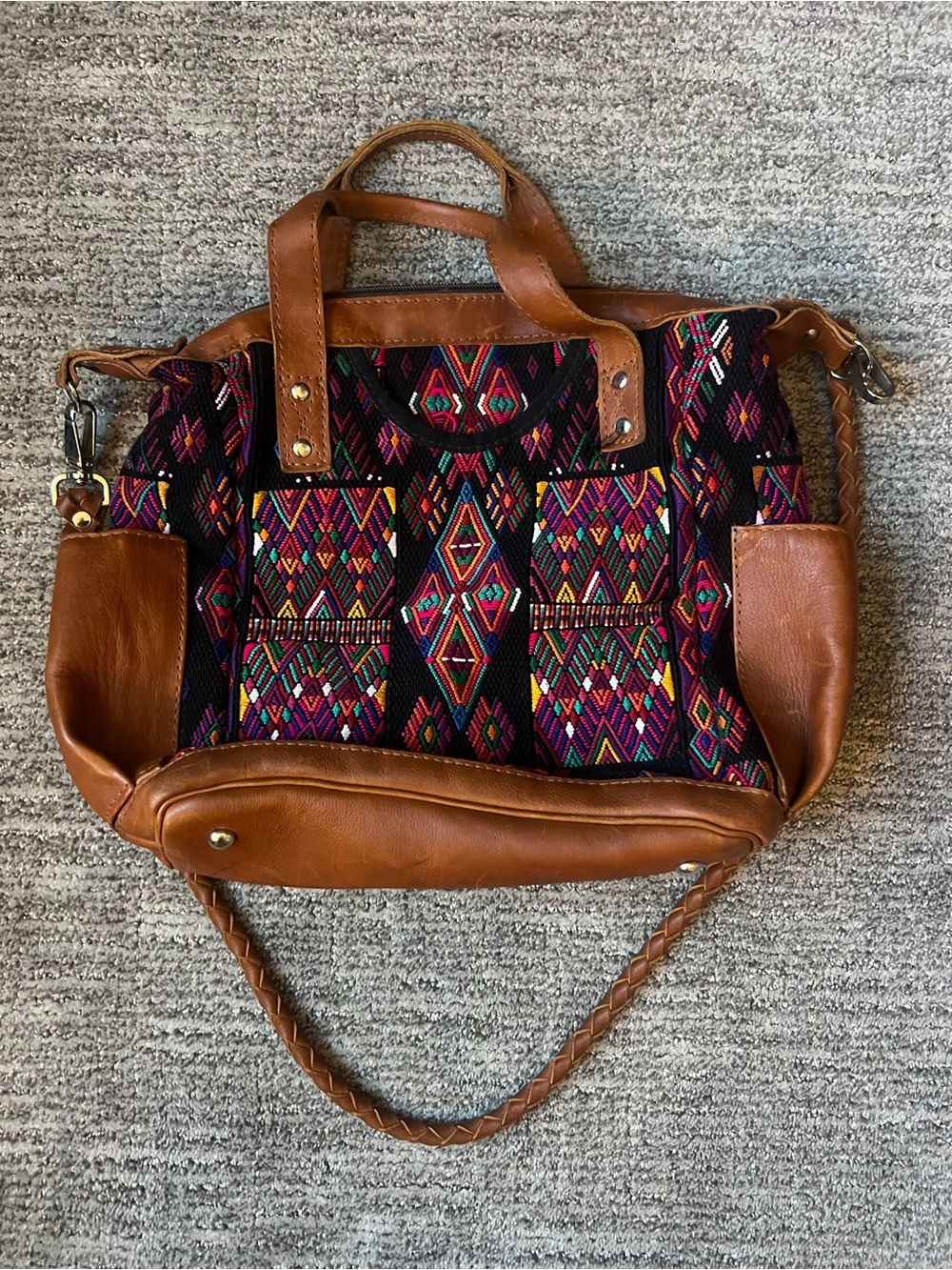 Nena & Co. Brown Leather-Trim Tote with Multicolor Geometric Weave